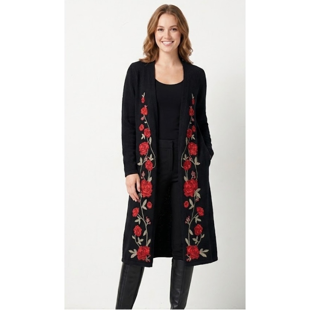 Style & Co Black Embroidered Rose Duster Cardigan Sweater Medium Floral Longline